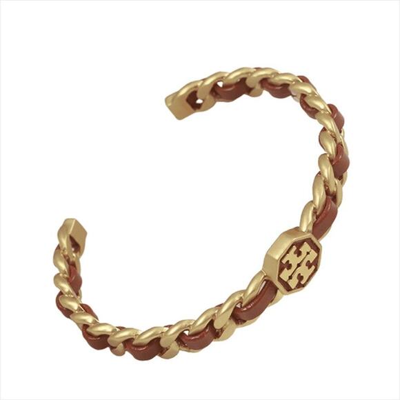 NWOT Tory Burch Gold, Brown Leather Gemini Cuff Bracelet